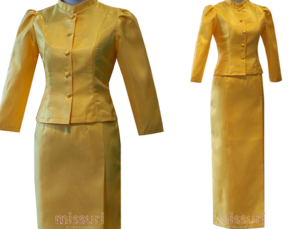 สีเหลืองโดดเด่นในแบบชุดไทยจิตรดลาแบบมาตรฐานกระดุม5เม็ด